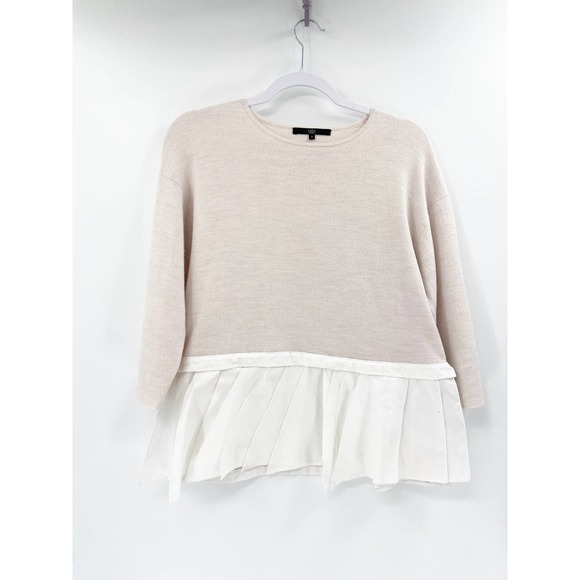 Tibi Merino Wool Mixed Media Pleated Hem Beige White Knit Sweater Size Small - Picture 1 of 6